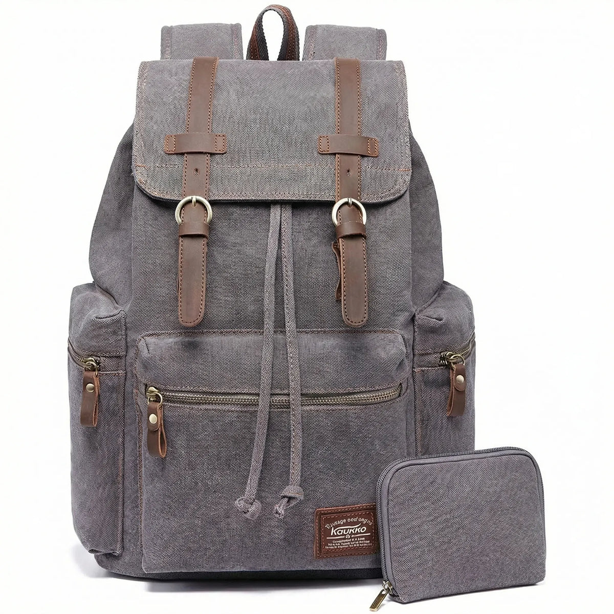Vintage woven canvas backpack with drawstring and multiple pockets