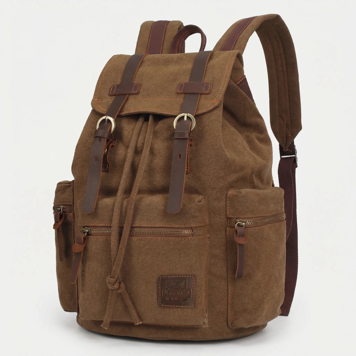 Vintage woven canvas backpack with drawstring and multiple pockets