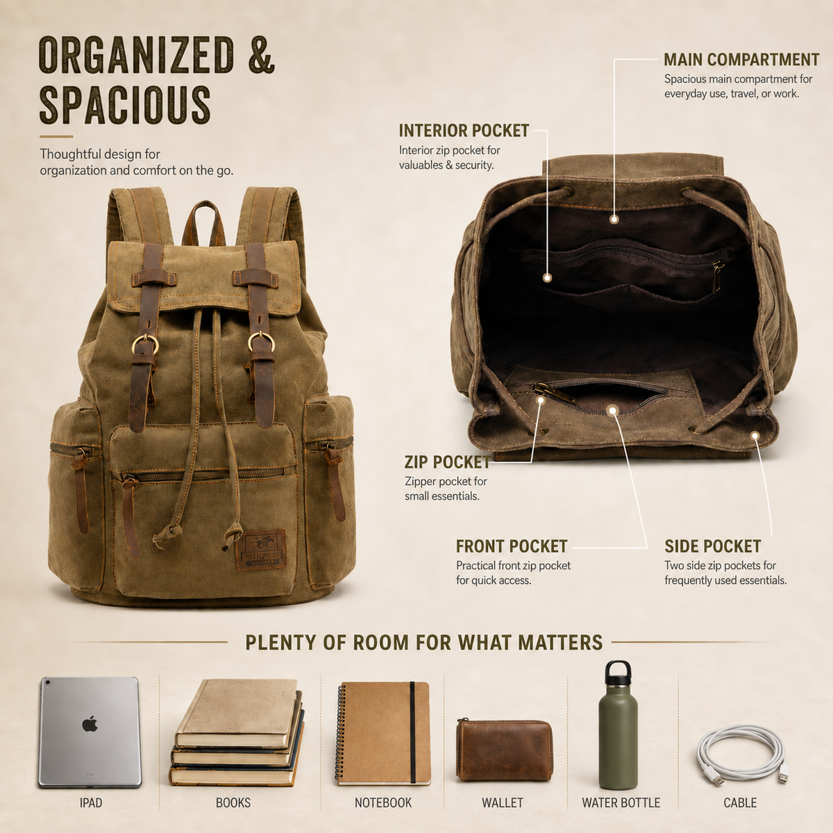 Thrives Outdoor | Rovwick Vintage-Style Drawstring Backpack