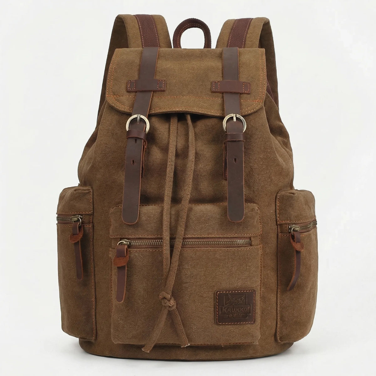 Vintage woven canvas backpack with drawstring and multiple pockets