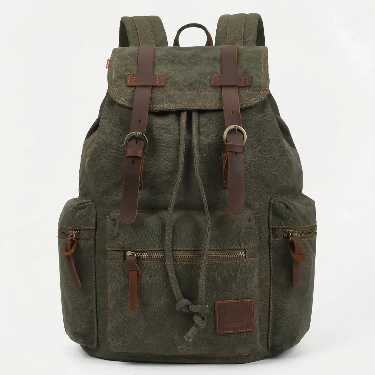 Vintage woven canvas backpack with drawstring and multiple pockets
