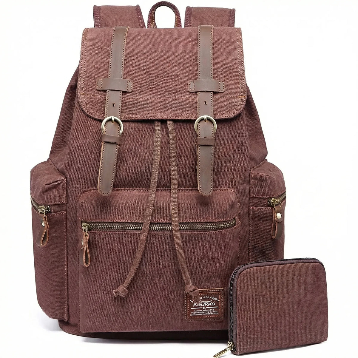 Vintage woven canvas backpack with drawstring and multiple pockets