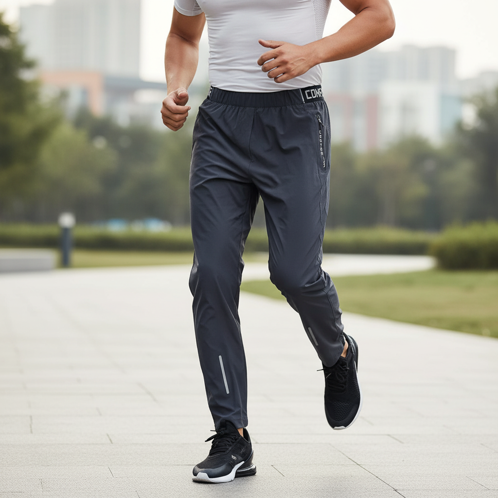 Men's quick drying running trousers with secure zip pockets and reflective accents