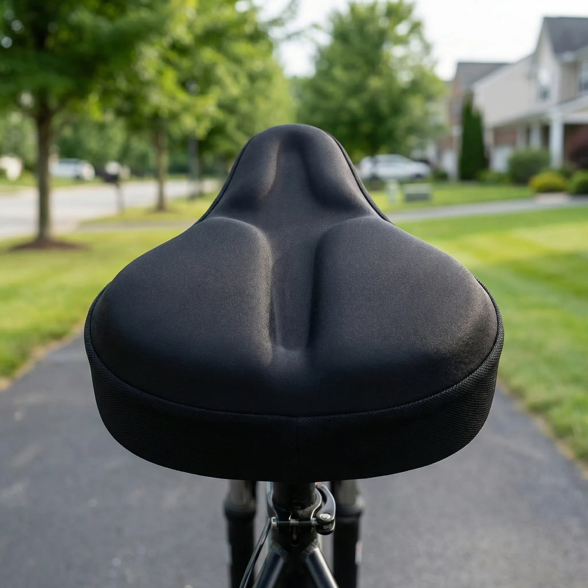 Padded contoured saddle cover with pressure relief centre groove