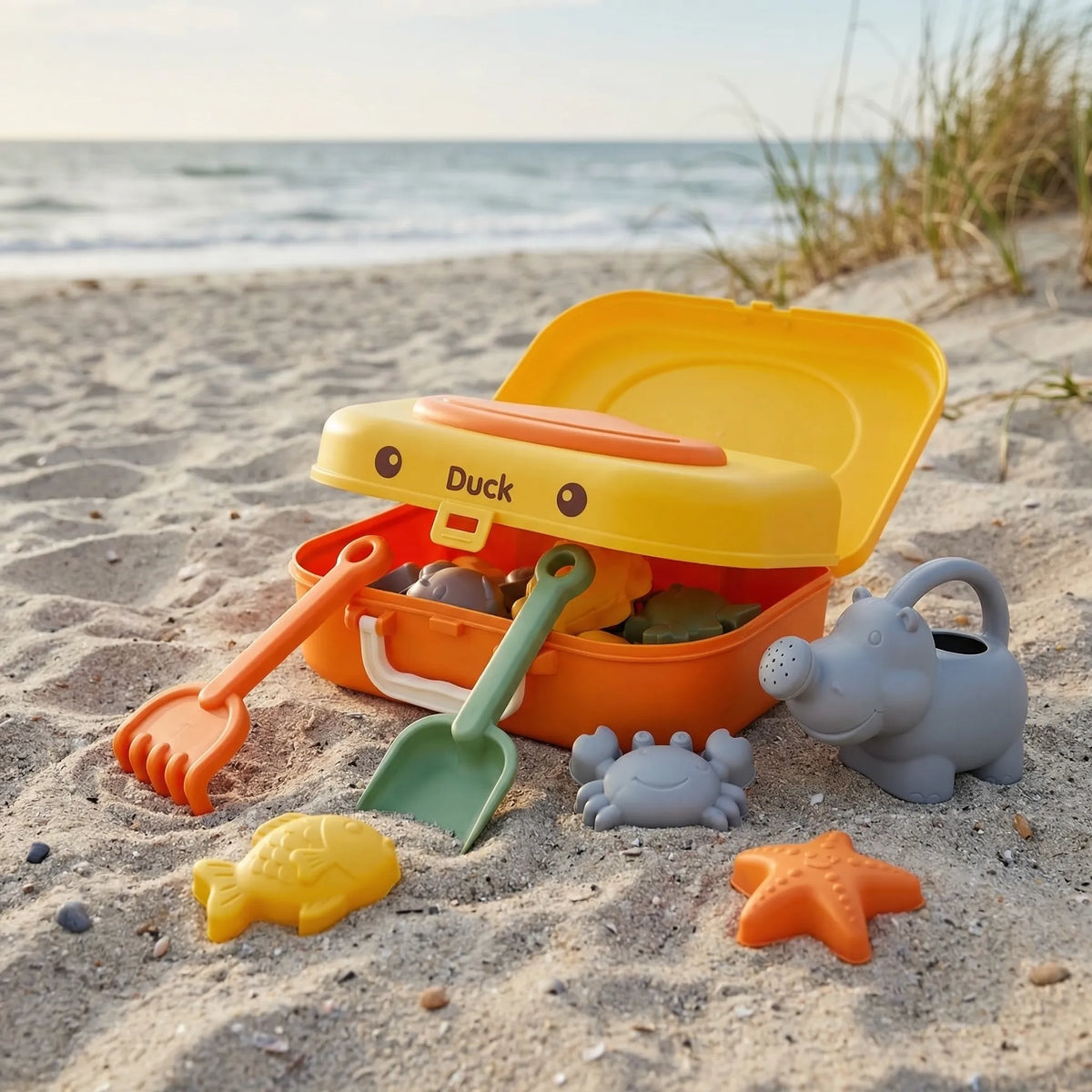 Kids beach toy set with wheeled character case, sand moulds, watering can and tools
