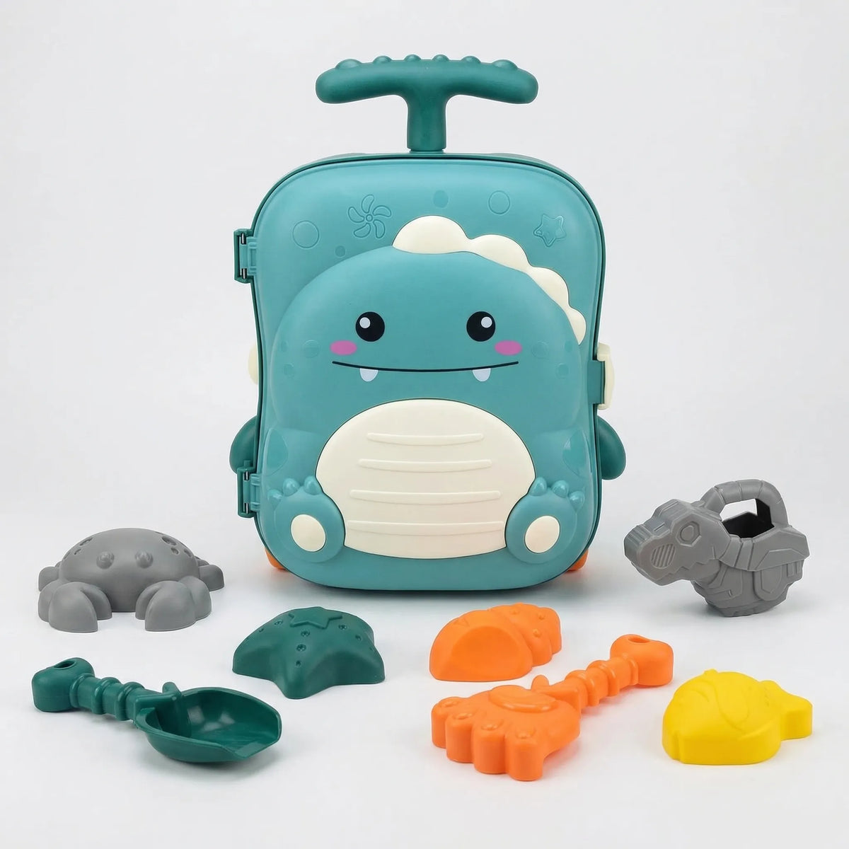 Kids beach toy set with wheeled character case, sand moulds, watering can and tools