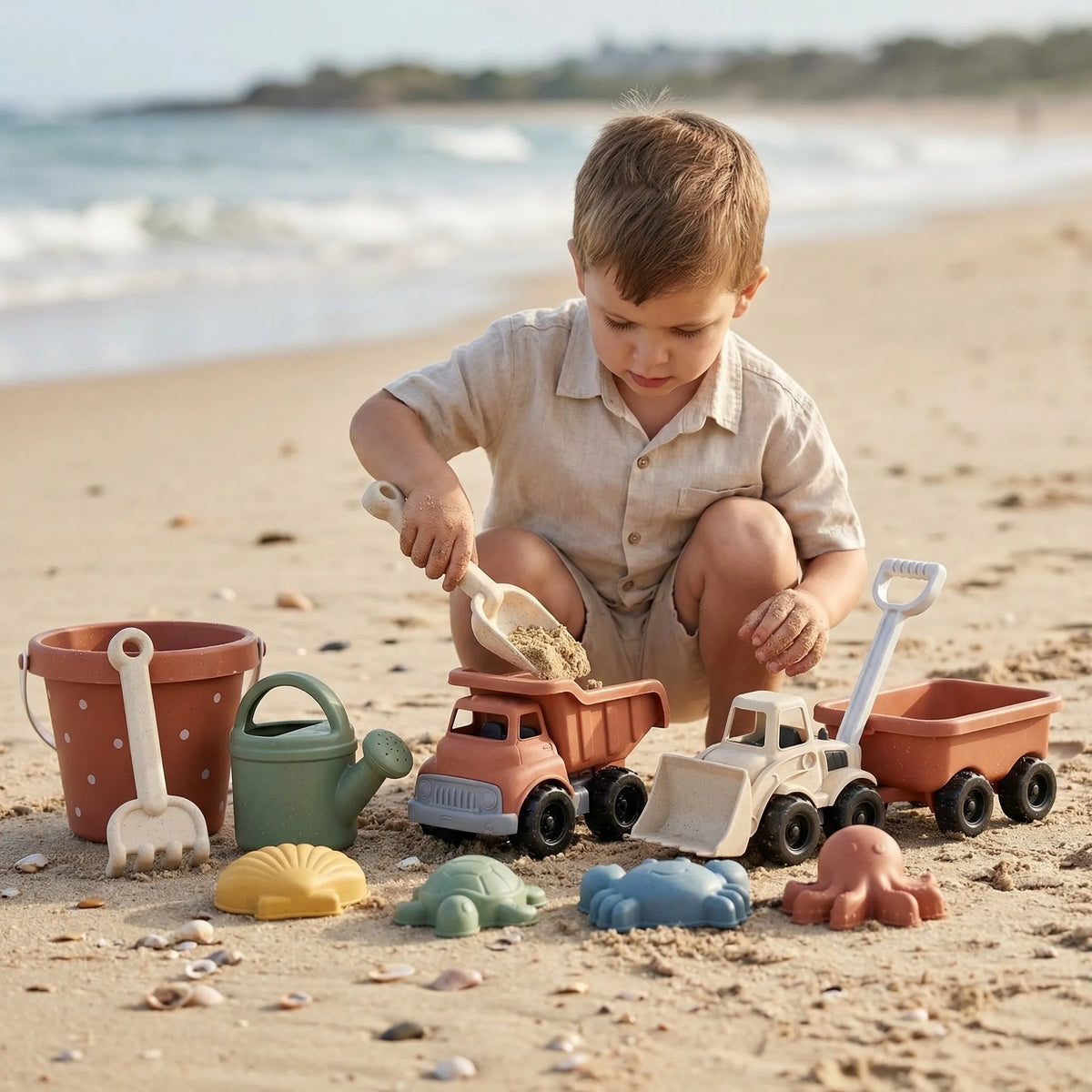Kids beach sand play set with digger, crane, buckets and sea creature moulds