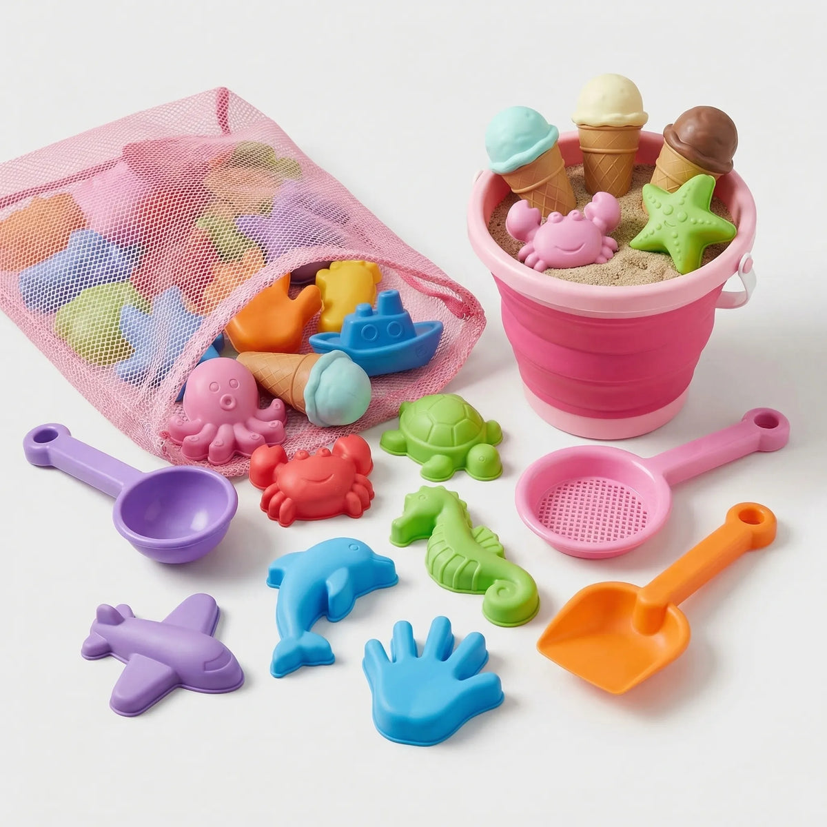 Kids beach toy set with collapsible bucket and sand moulds