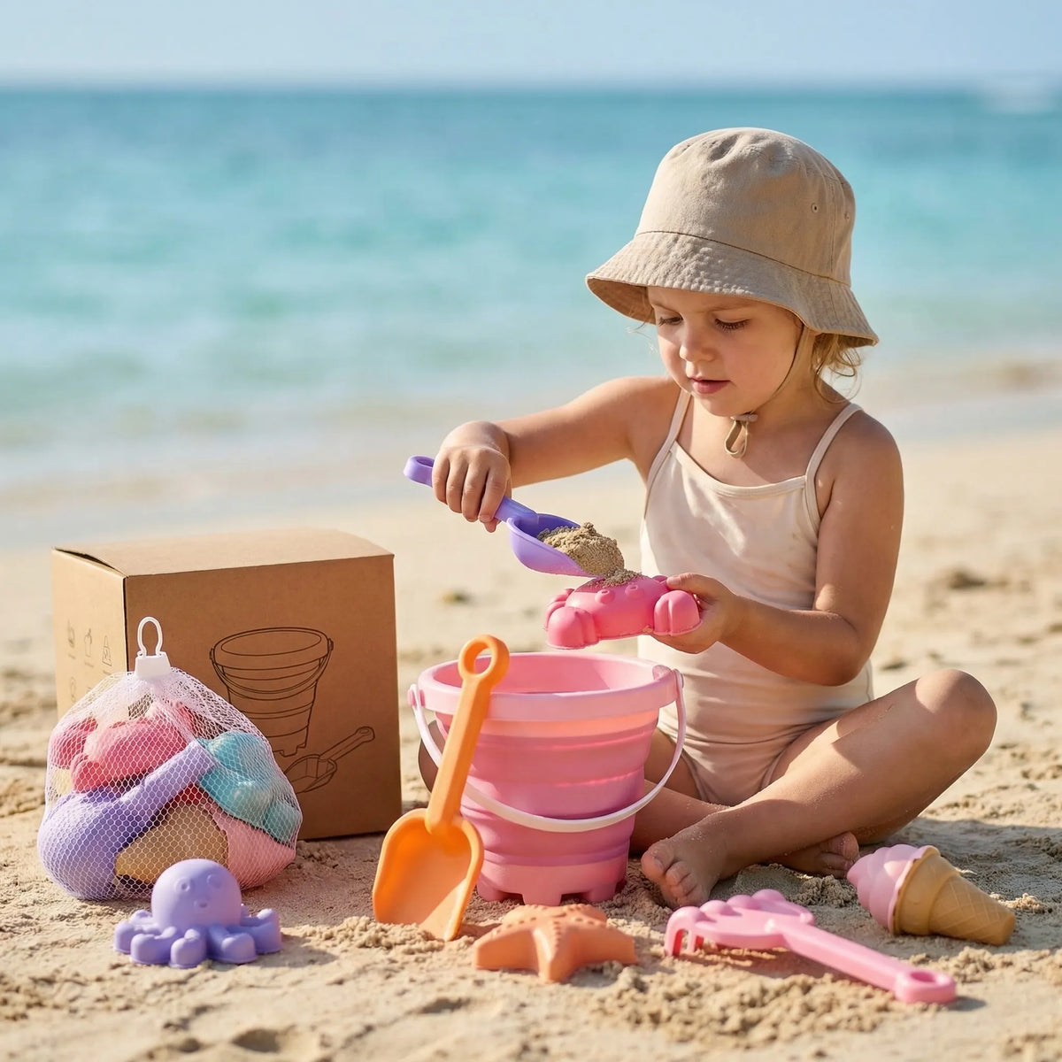 Kids beach toy set with collapsible bucket and sea creature sand moulds