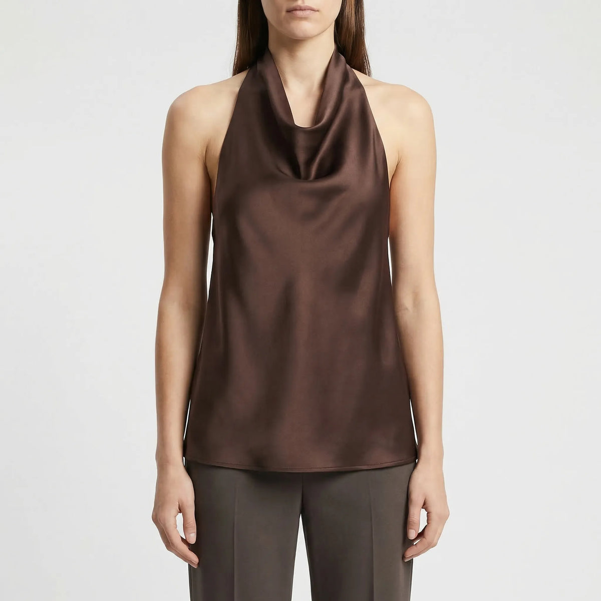 Backless halter neck corset top with structured silhouette and lustrous finish