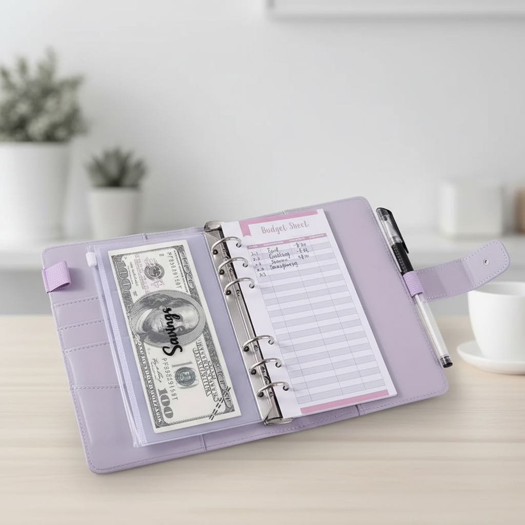 Compact ring binder organiser with cash envelope pockets and zip pouch
