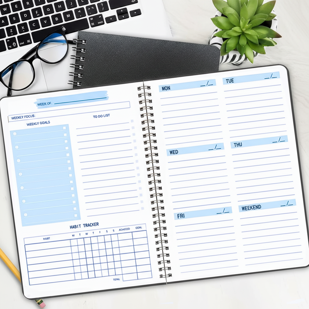 Spiral bound weekly planner with habit tracker and goal sections