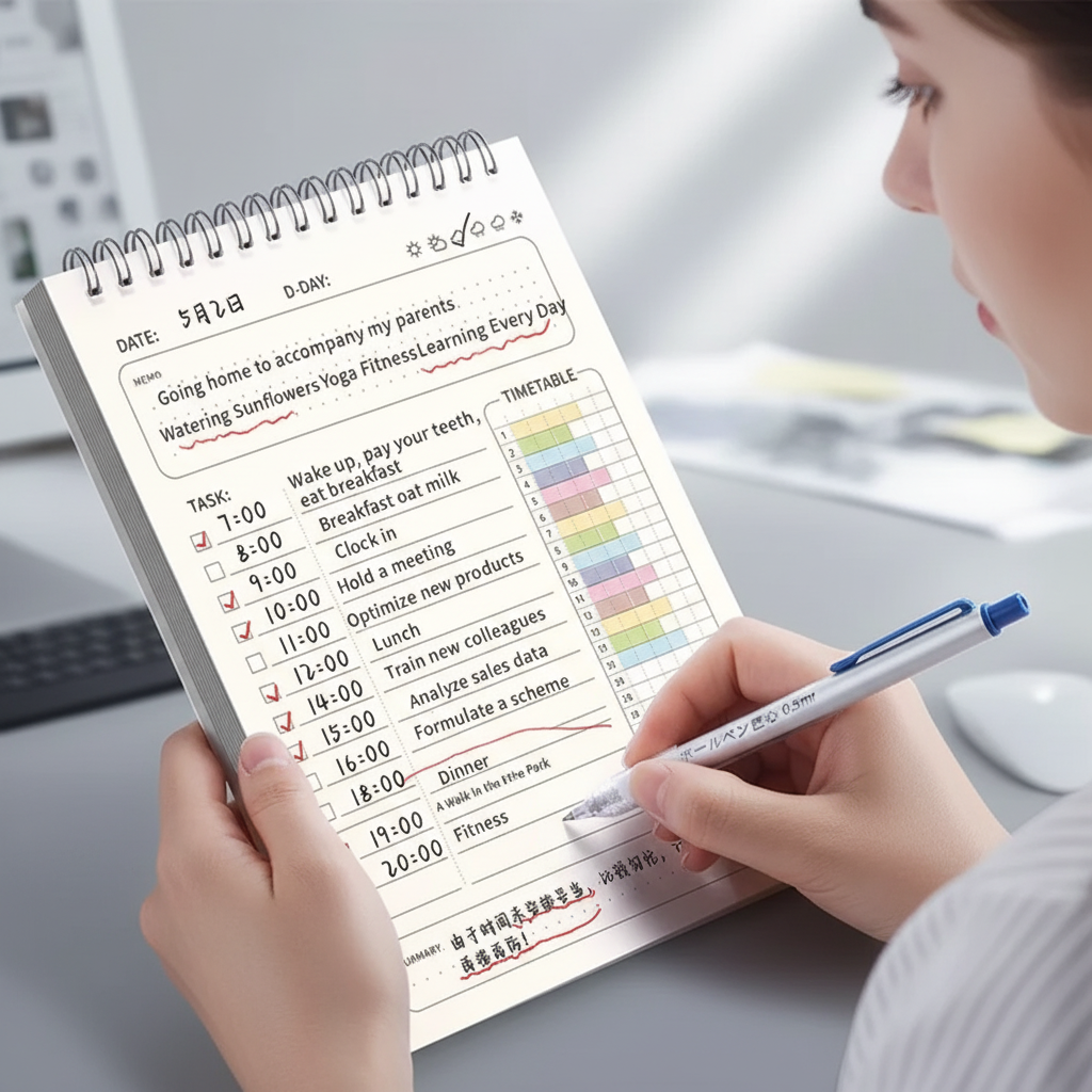 A5 daily planner with hourly timetable and checklist layout