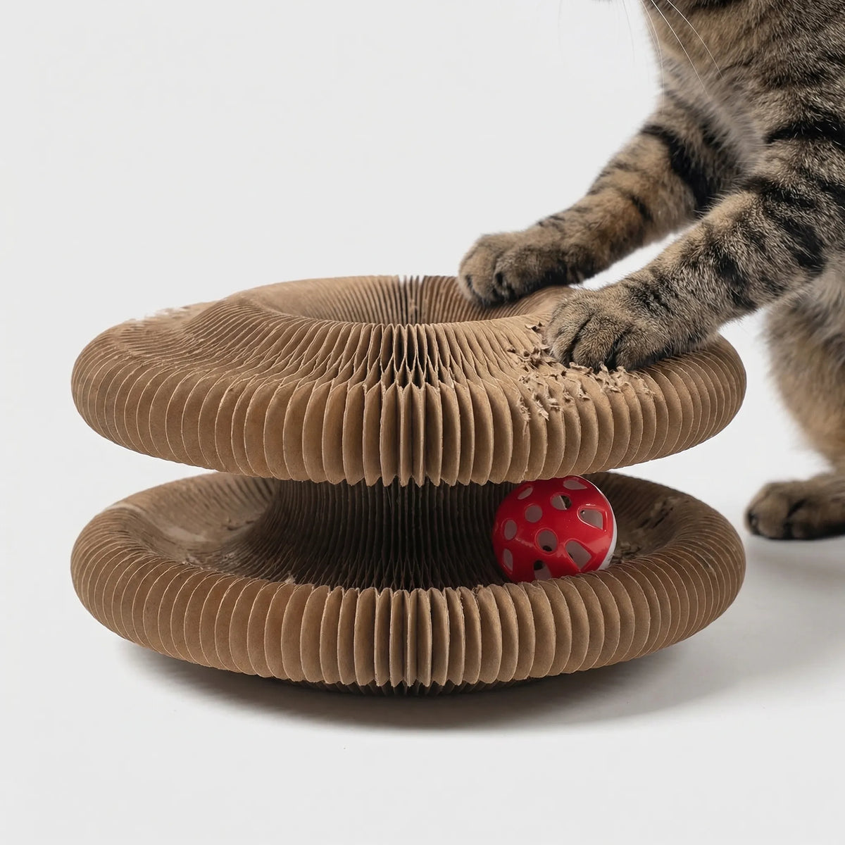 Foldable cat scratcher with bell ball track and multi-level design