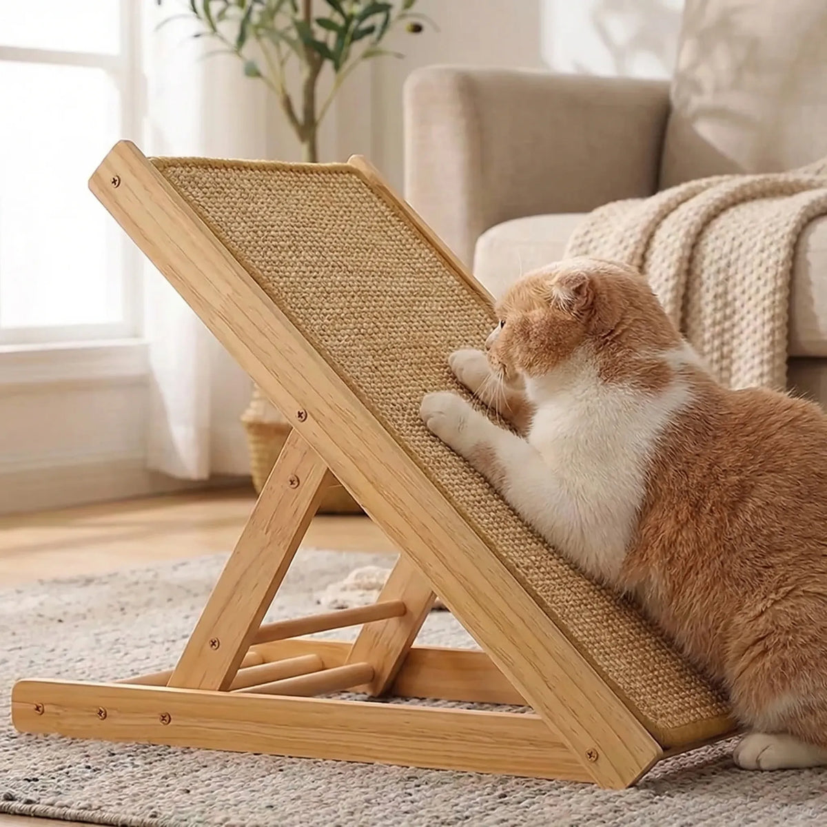 Cat scratching board with angled sisal surface and adjustable wooden frame
