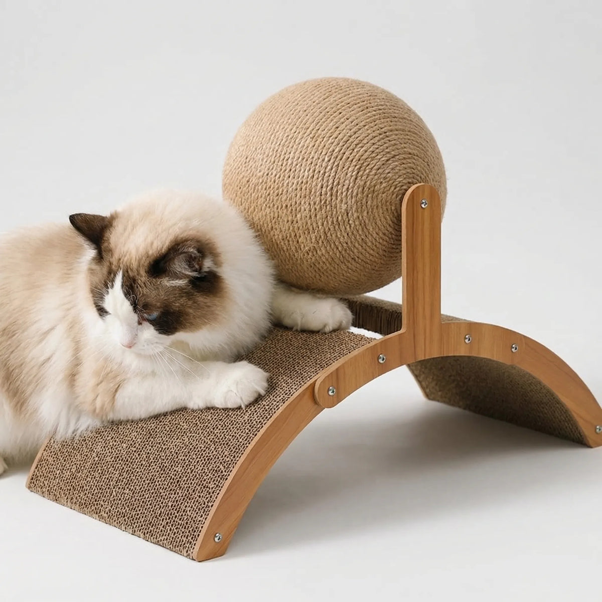 Cat scratching post with sisal ball and curved scratcher board