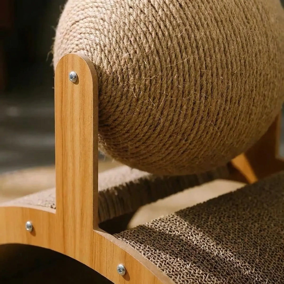 Cat scratching post with sisal ball and curved scratcher board