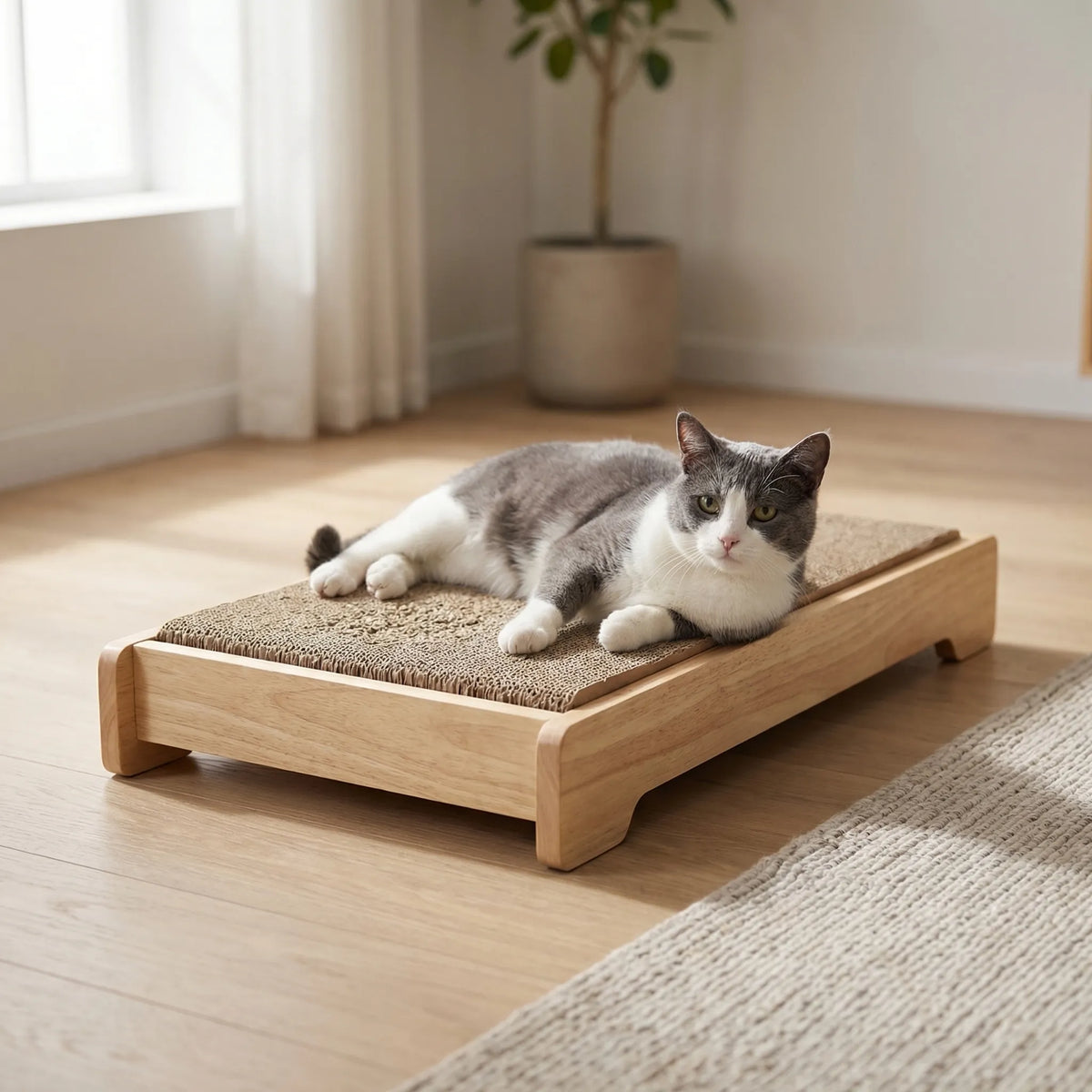 Replaceable corrugated cat scratching board with curved lounge profile