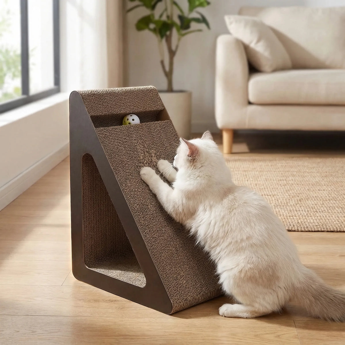 Triangular cat scratching board with upright frame and built-in rolling ball