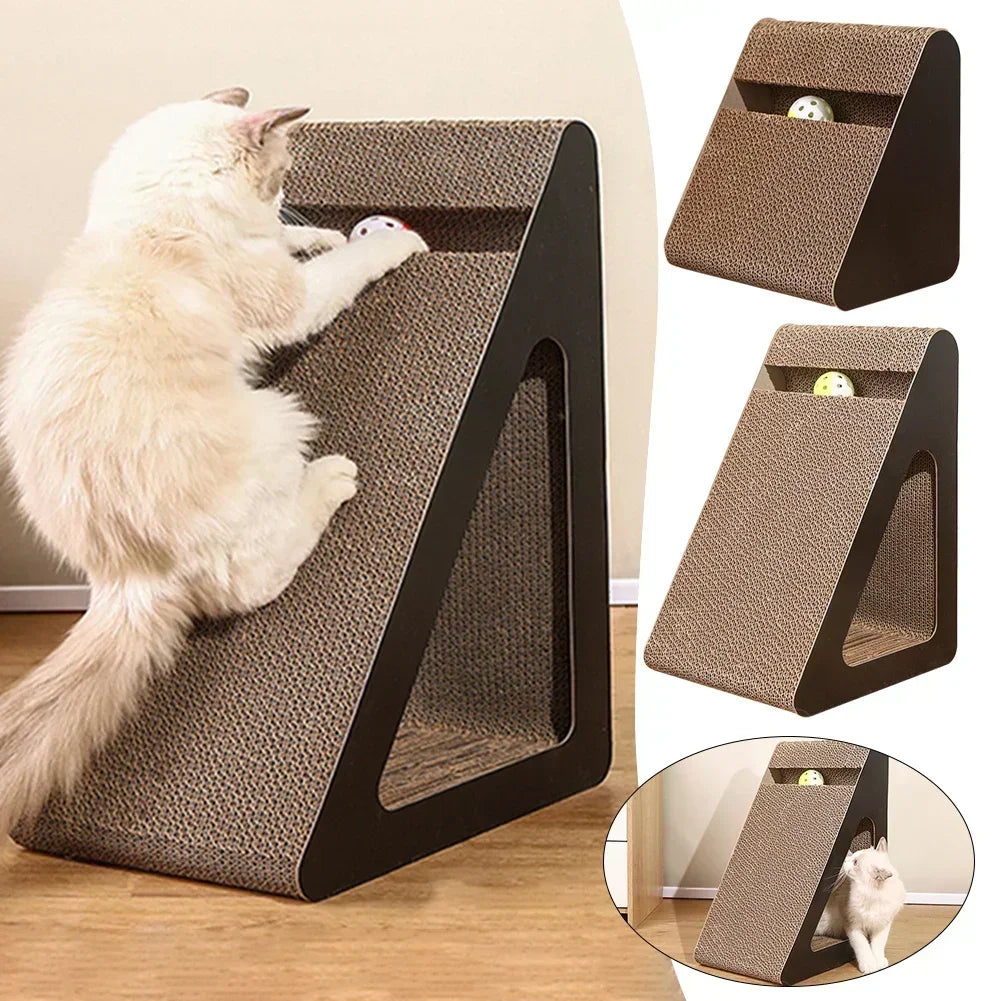 Triangular cat scratching board with upright frame and built-in rolling ball