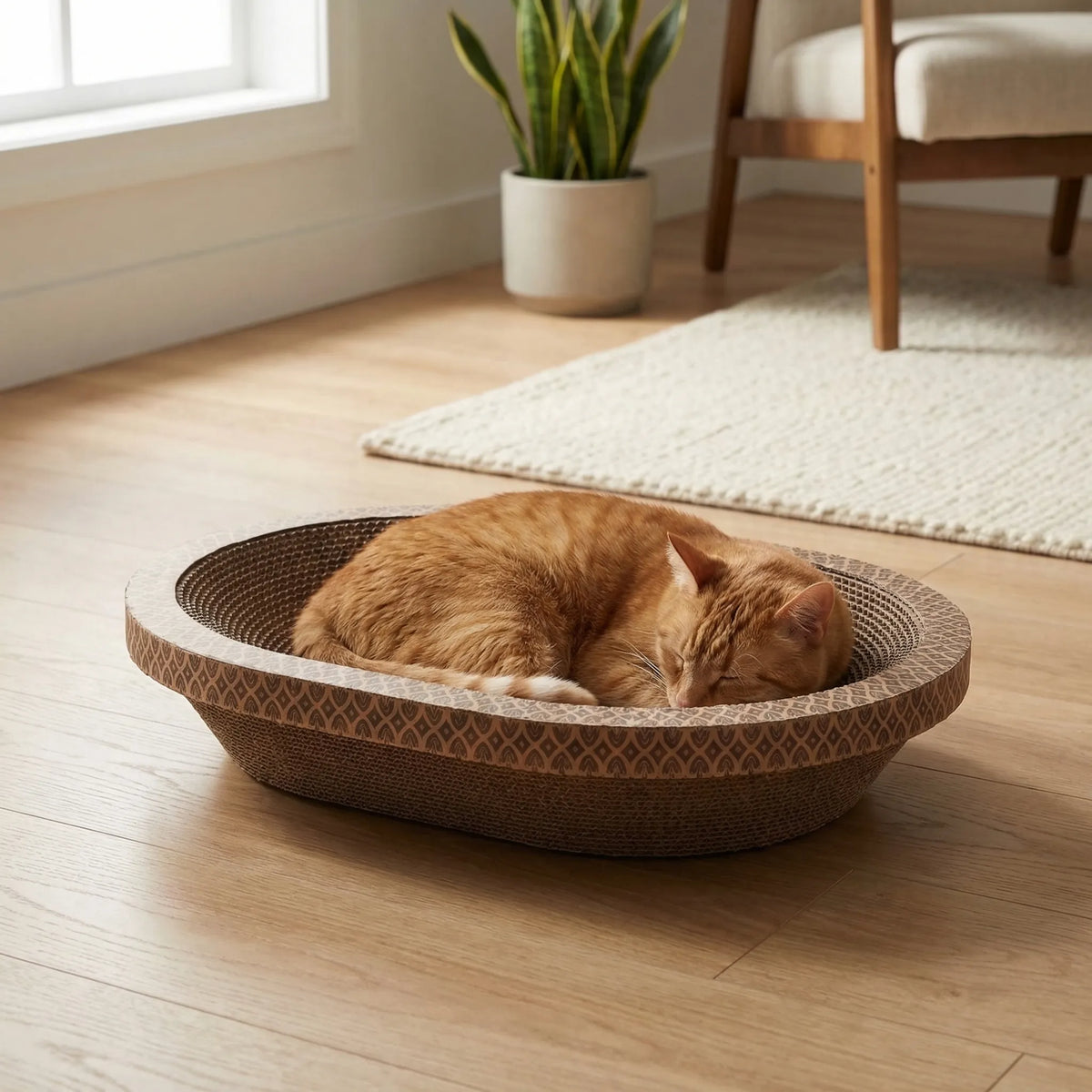 Oval cat scratcher bed with corrugated ridged surface for claw maintenance