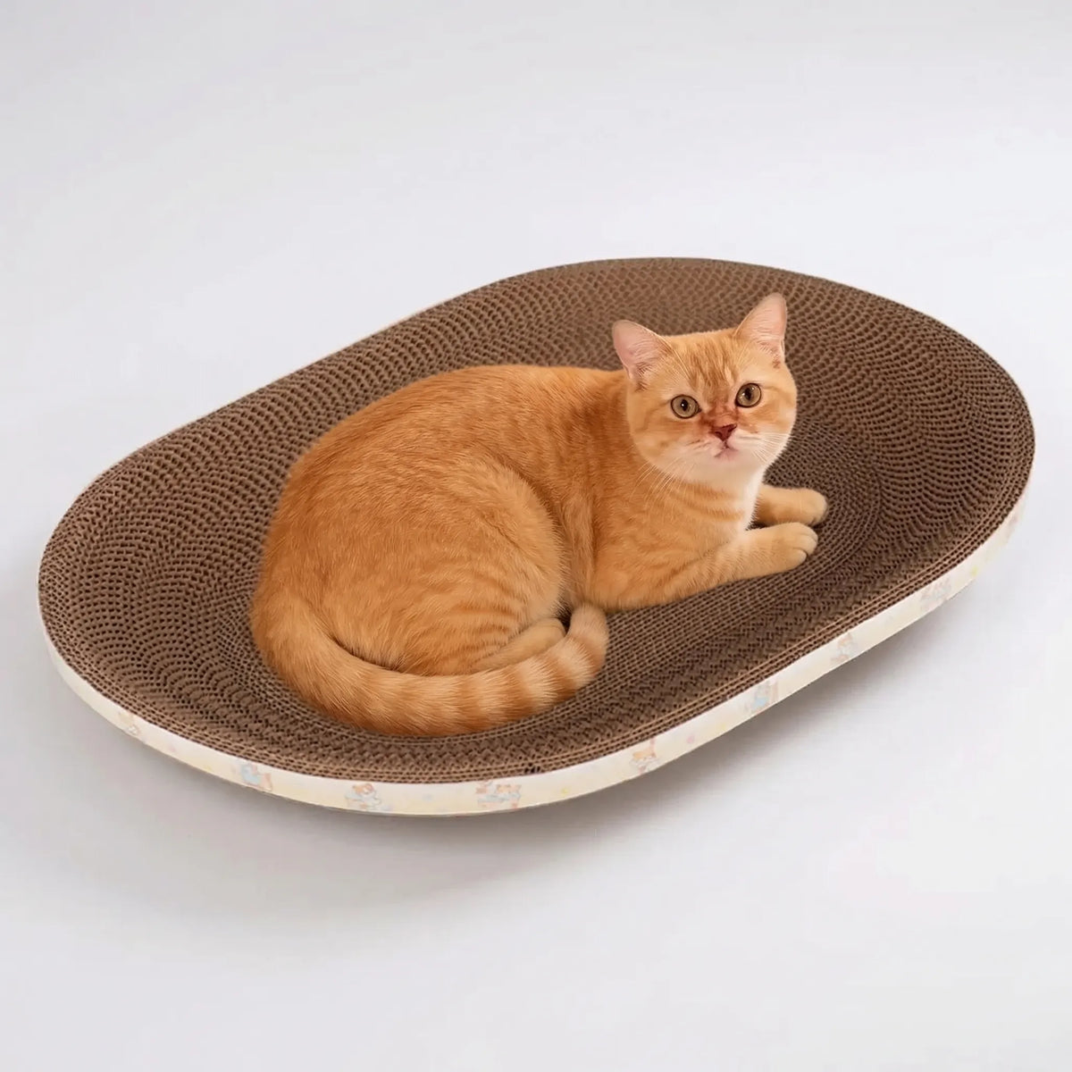 Oval cat scratcher bed with corrugated ridged surface for claw maintenance