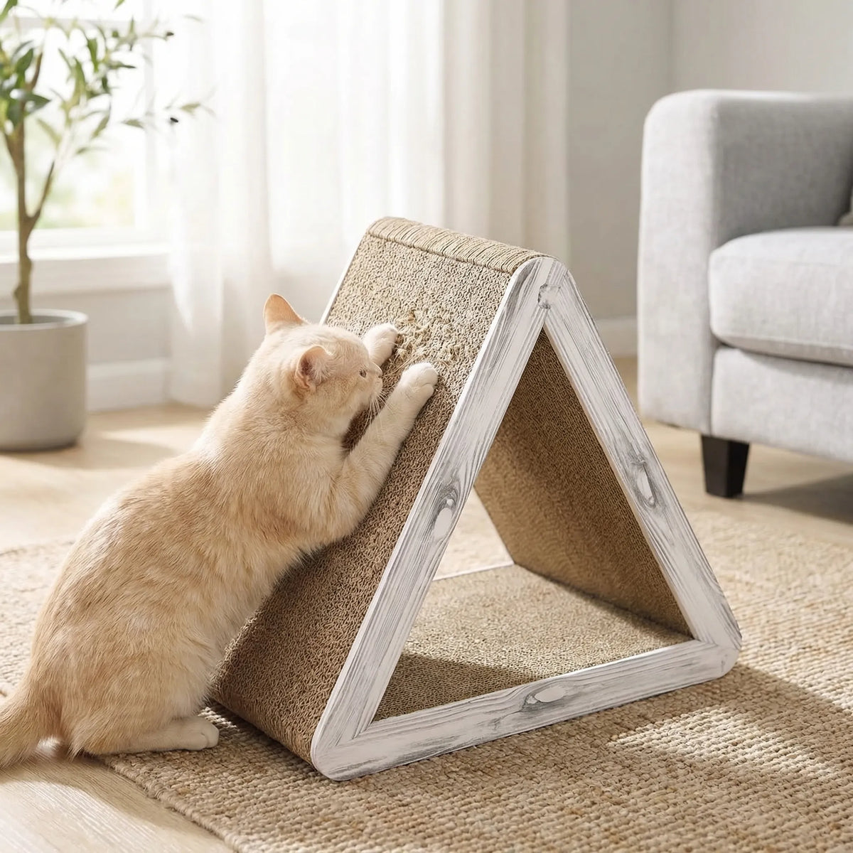 Triangular cat scratching post with corrugated surface and foldable design