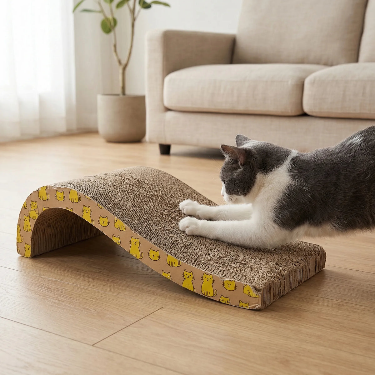 Wave-shaped corrugated cat scratcher with lounging comfort