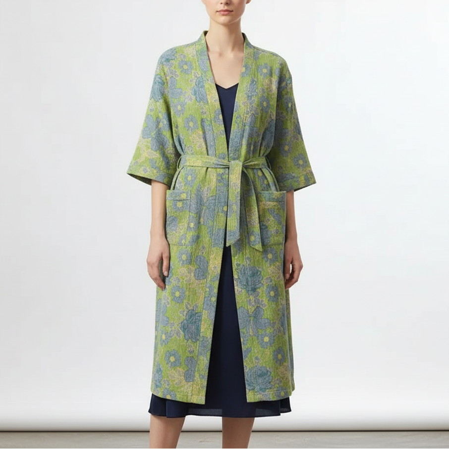 Half-sleeve breathable kimono robe with printed pattern
