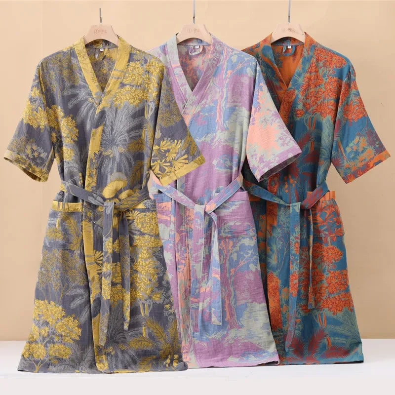 Half-sleeve breathable kimono robe with printed pattern