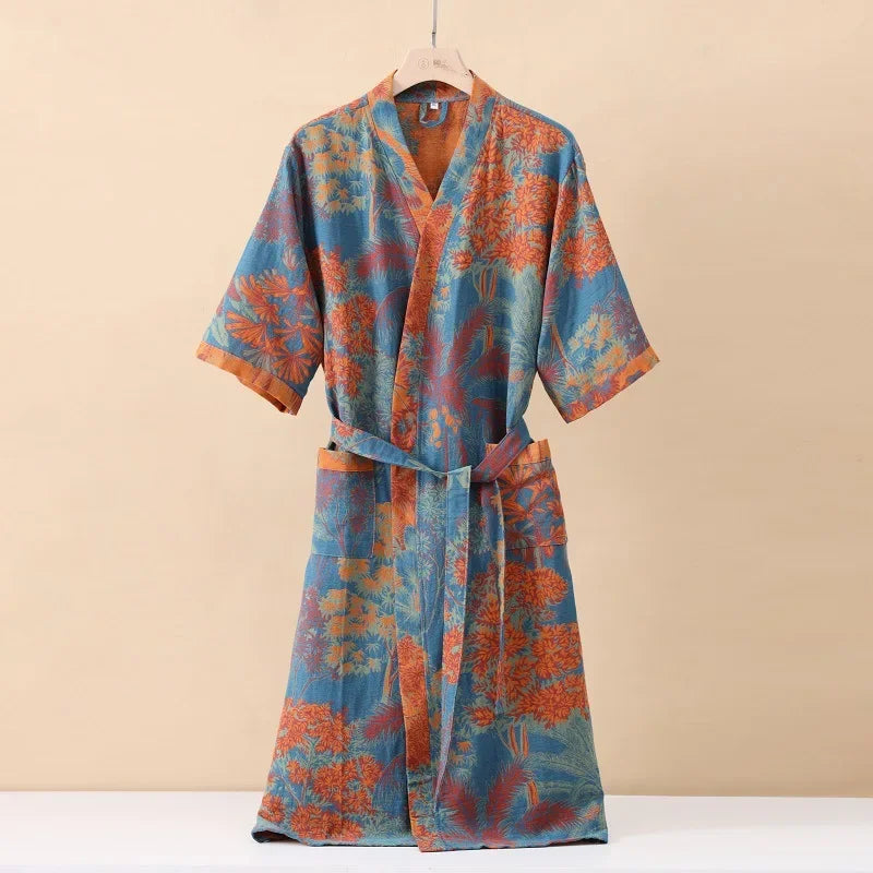 Half-sleeve breathable kimono robe with printed pattern