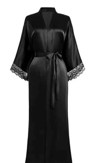 Long satin kimono robe with delicate trimmed sleeves and waist tie