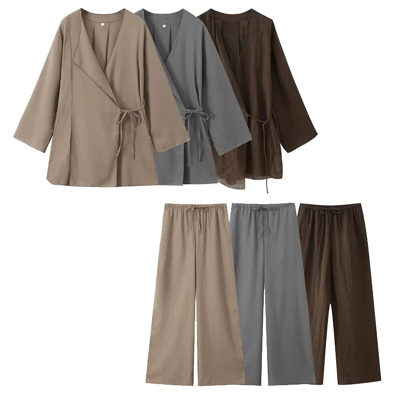 Women's wrap top and wide leg pant co-ord set