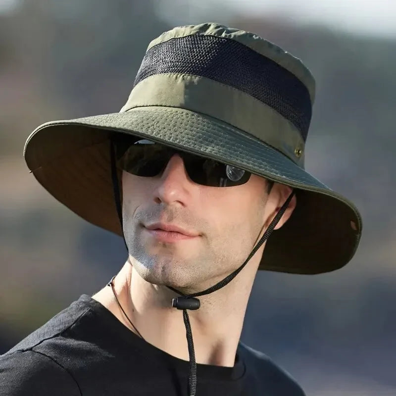 Wide-brim outdoor sun hat with mesh ventilation and adjustable chin cord