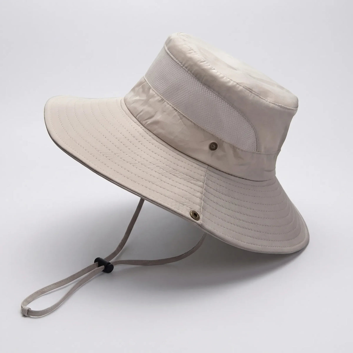 Wide-brim outdoor sun hat with mesh ventilation and adjustable chin cord