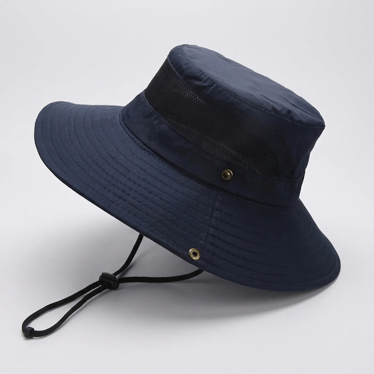Wide-brim outdoor sun hat with mesh ventilation and adjustable chin cord
