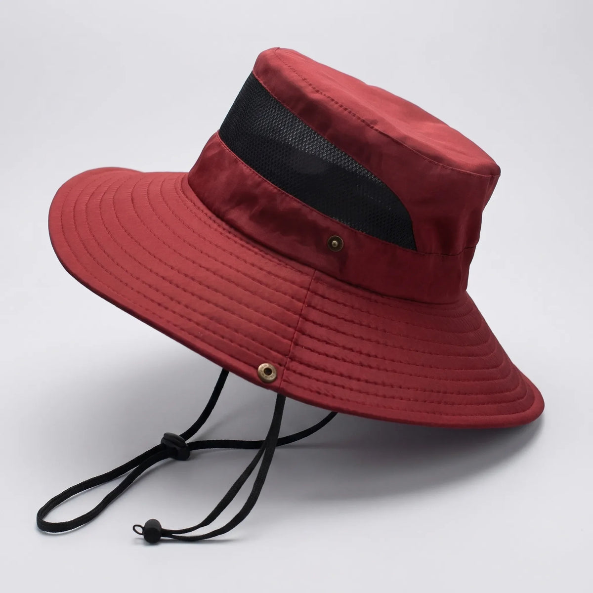 Wide-brim outdoor sun hat with mesh ventilation and adjustable chin cord