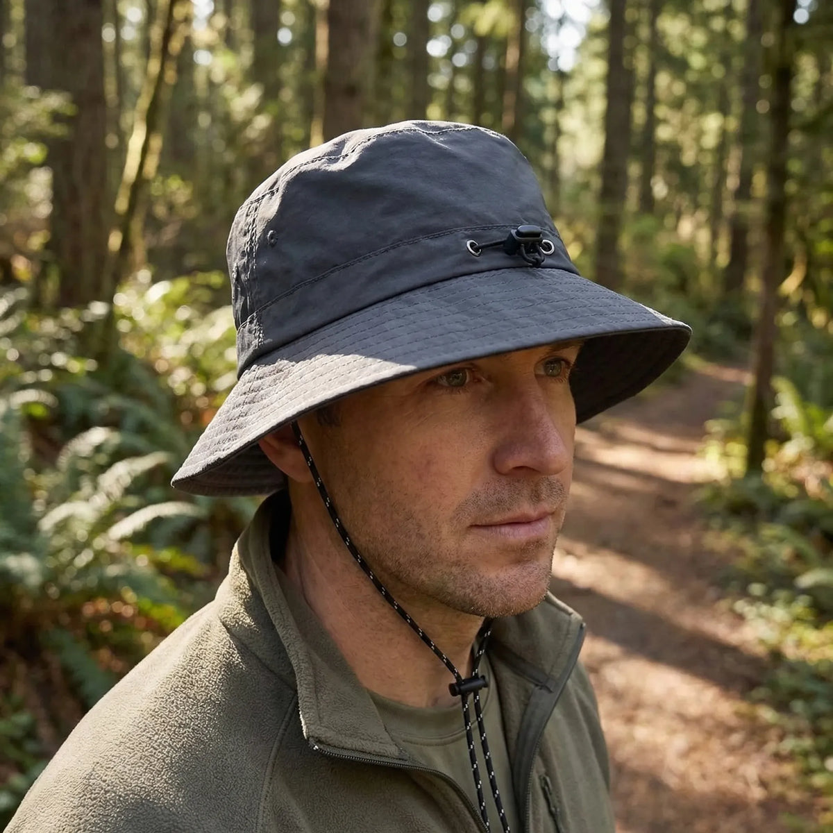 Wide-brim bucket hat with UV protection for outdoor activities