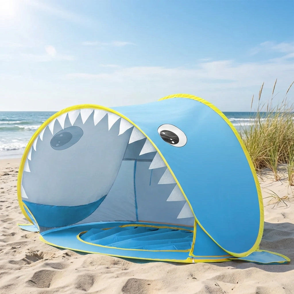 Pop-up kids beach tent with integrated shallow pool and UV-blocking canopy