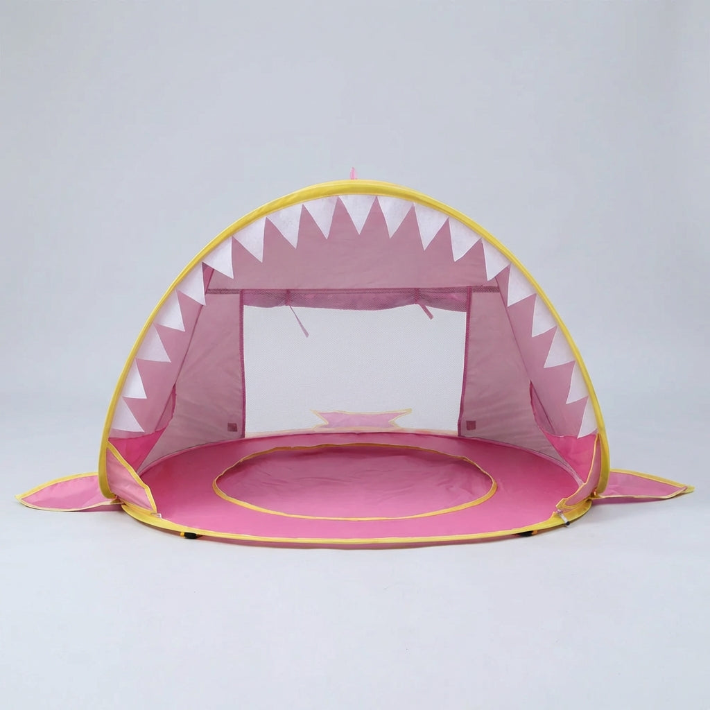 Pop-up kids beach tent with integrated shallow pool and UV-blocking canopy