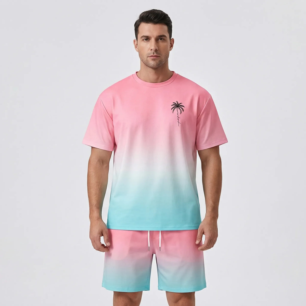 Men's Hawaiian matching set with gradient print top and shorts