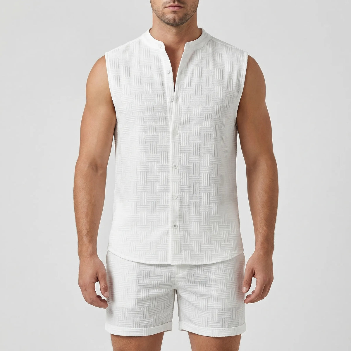 Men's sleeveless shirt and shorts set with stand-up collar and jacquard texture