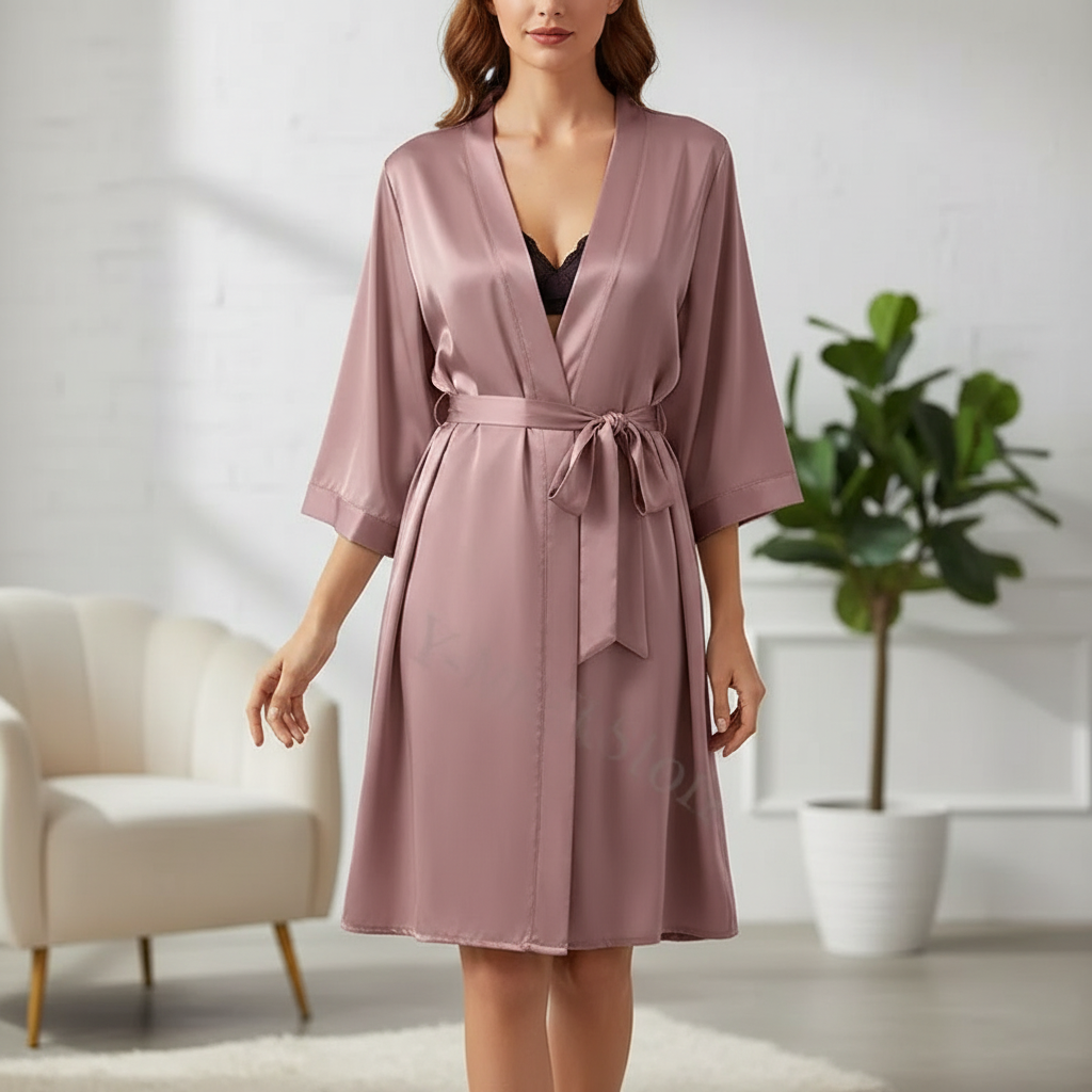 Lightweight knee-length kimono dressing gown with adjustable tie belt