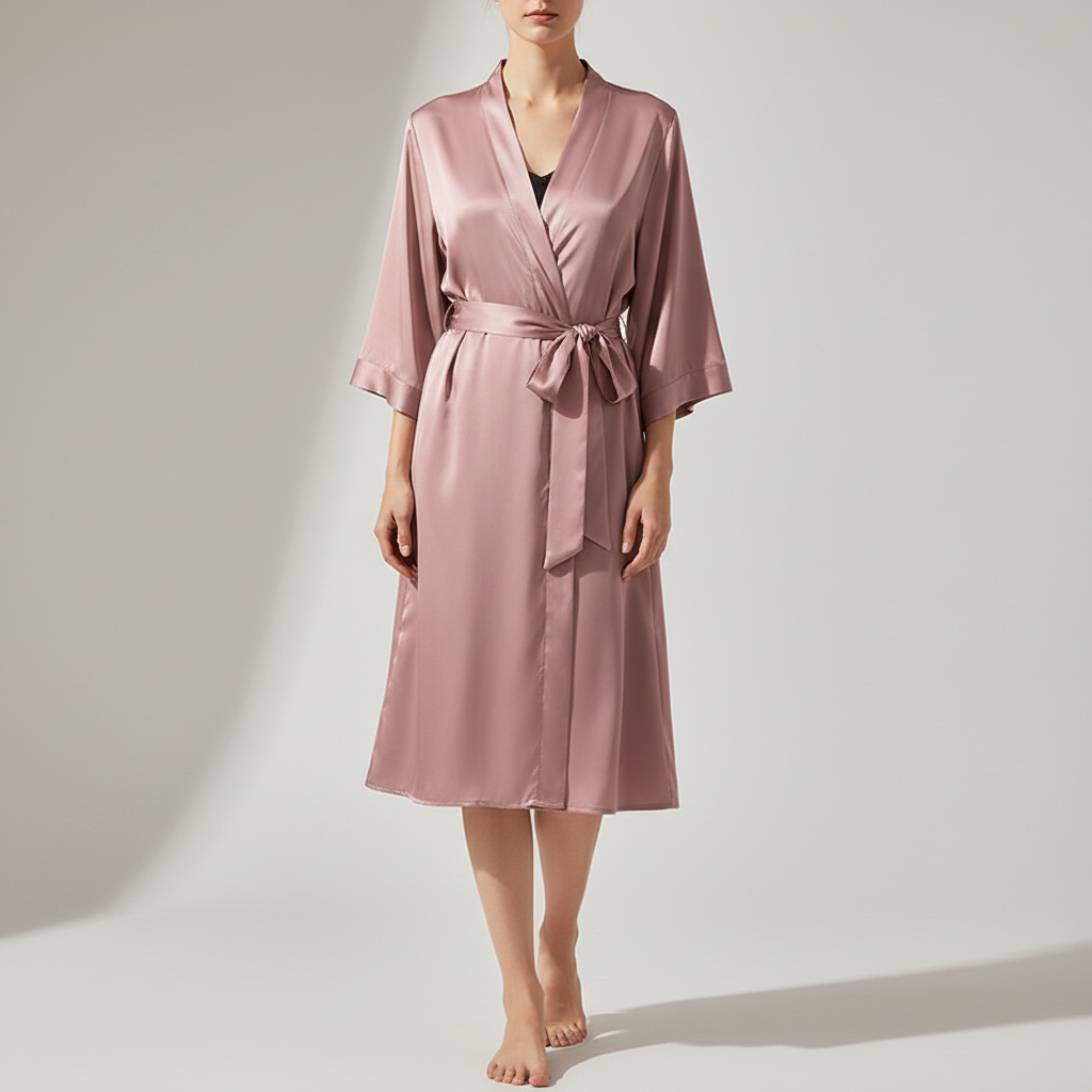 Lightweight knee-length kimono dressing gown with adjustable tie belt