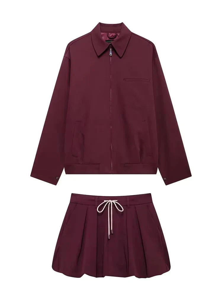 Women's oversized zip jacket and pleated mini skirt set