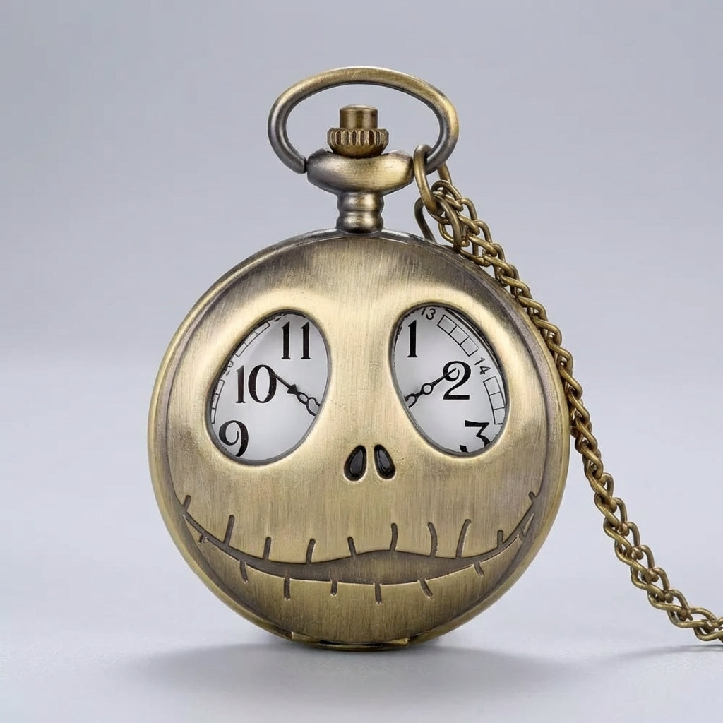 Vintage skull pendant watch with eye-shaped dial windows and flip-top case