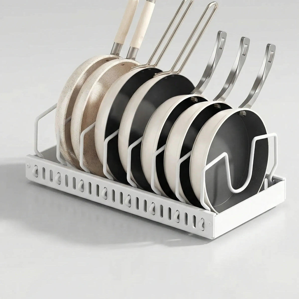 Pull-out under-cabinet organiser with adjustable dividers for pots and lids