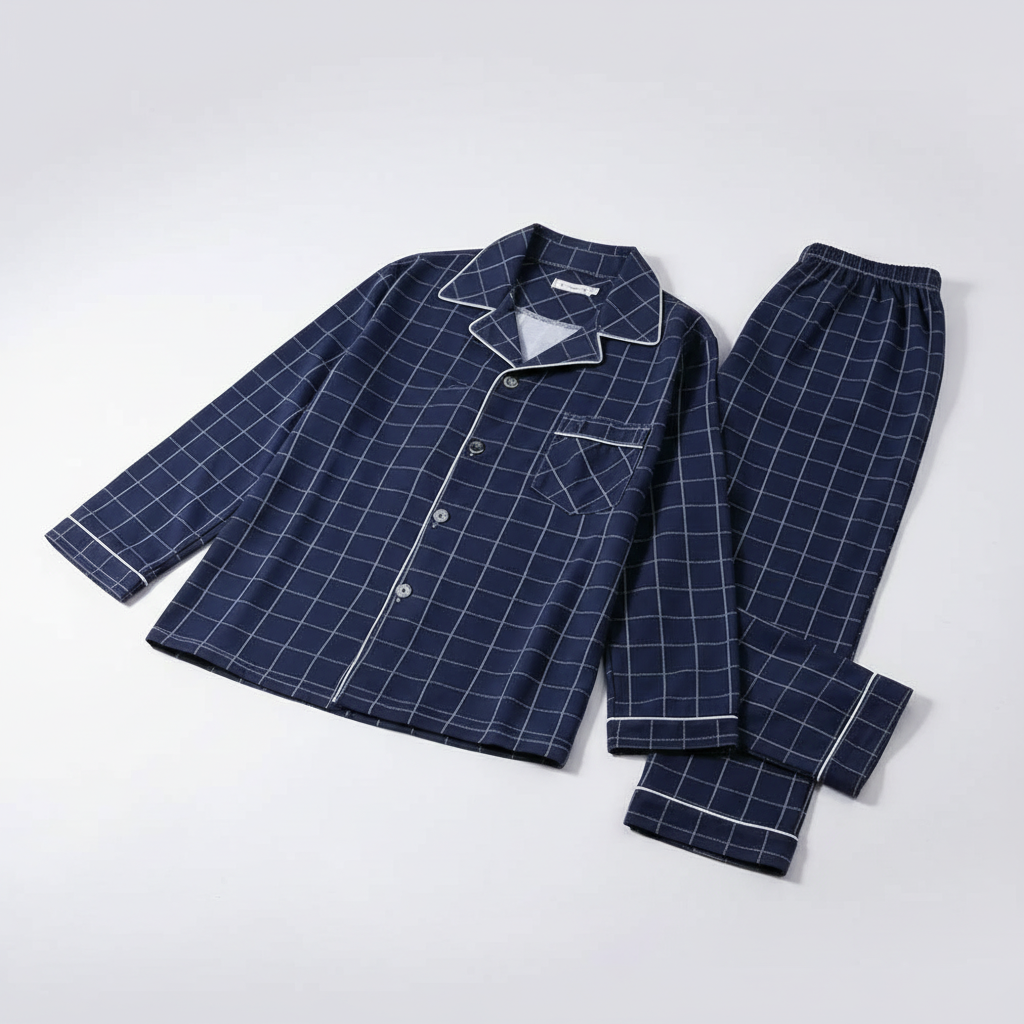 Men's two-piece pyjama set with tailored shirt and wide-leg pants