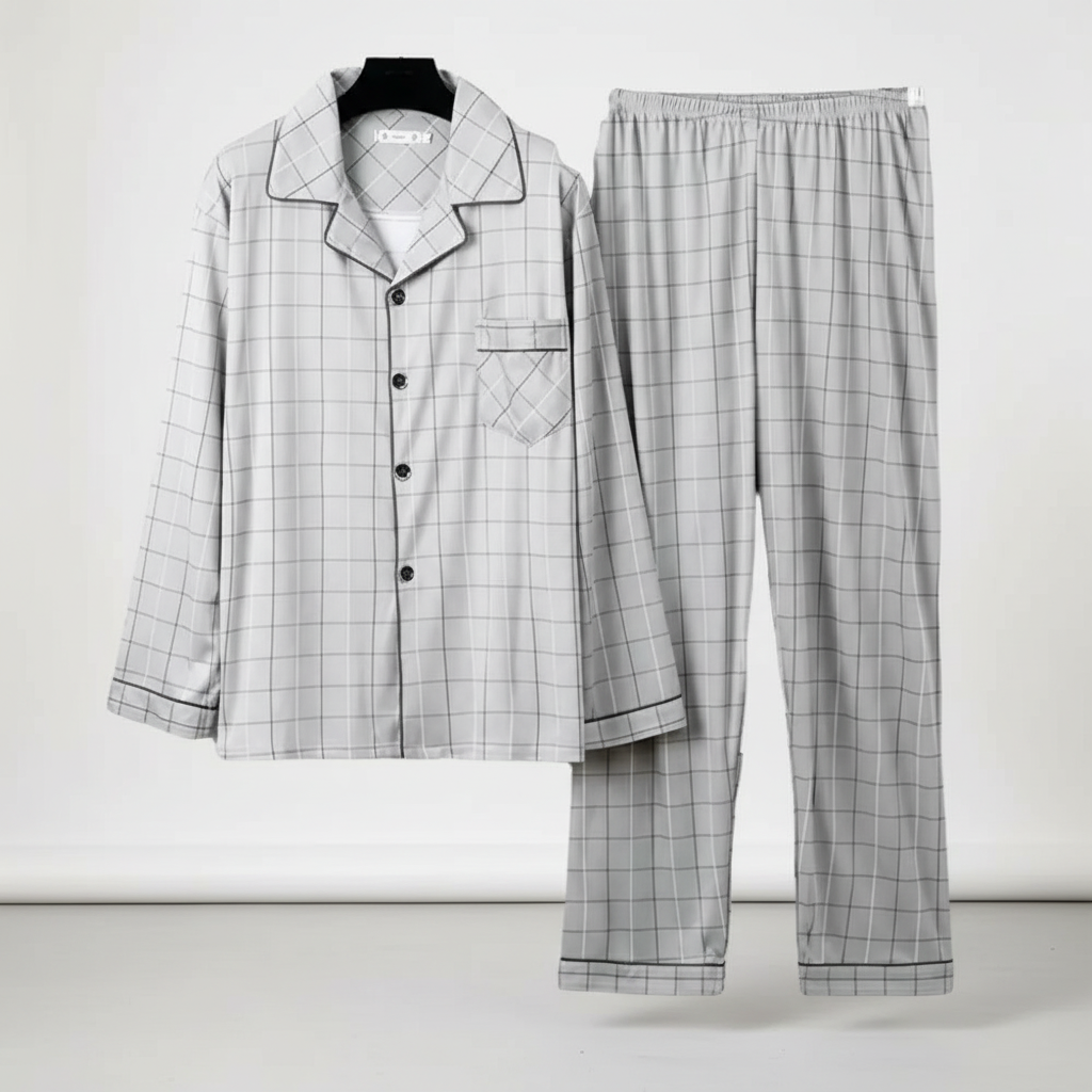 Men's two-piece pyjama set with tailored shirt and wide-leg pants