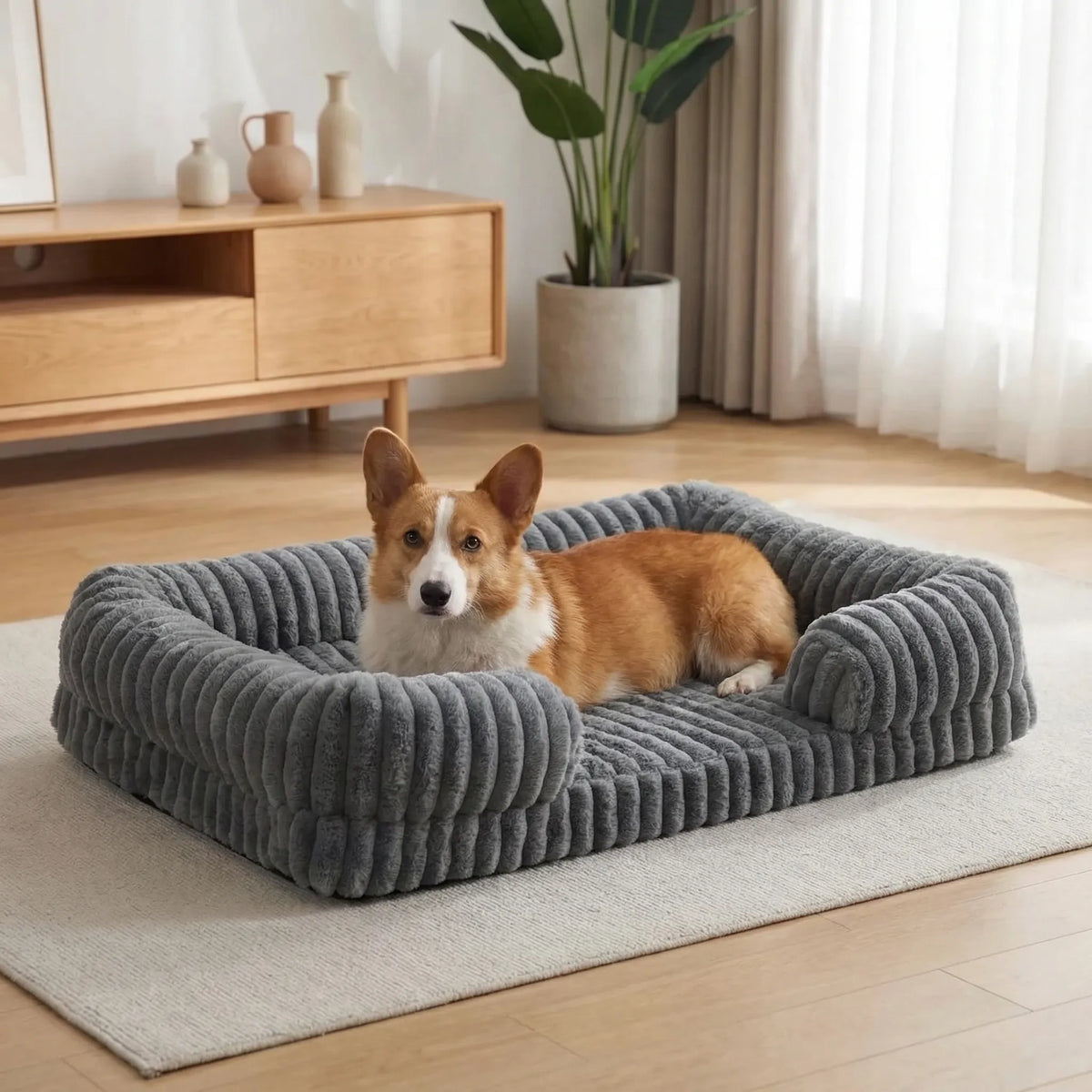 Sofa-style dog bed with raised sides and plush ribbed fabric cover